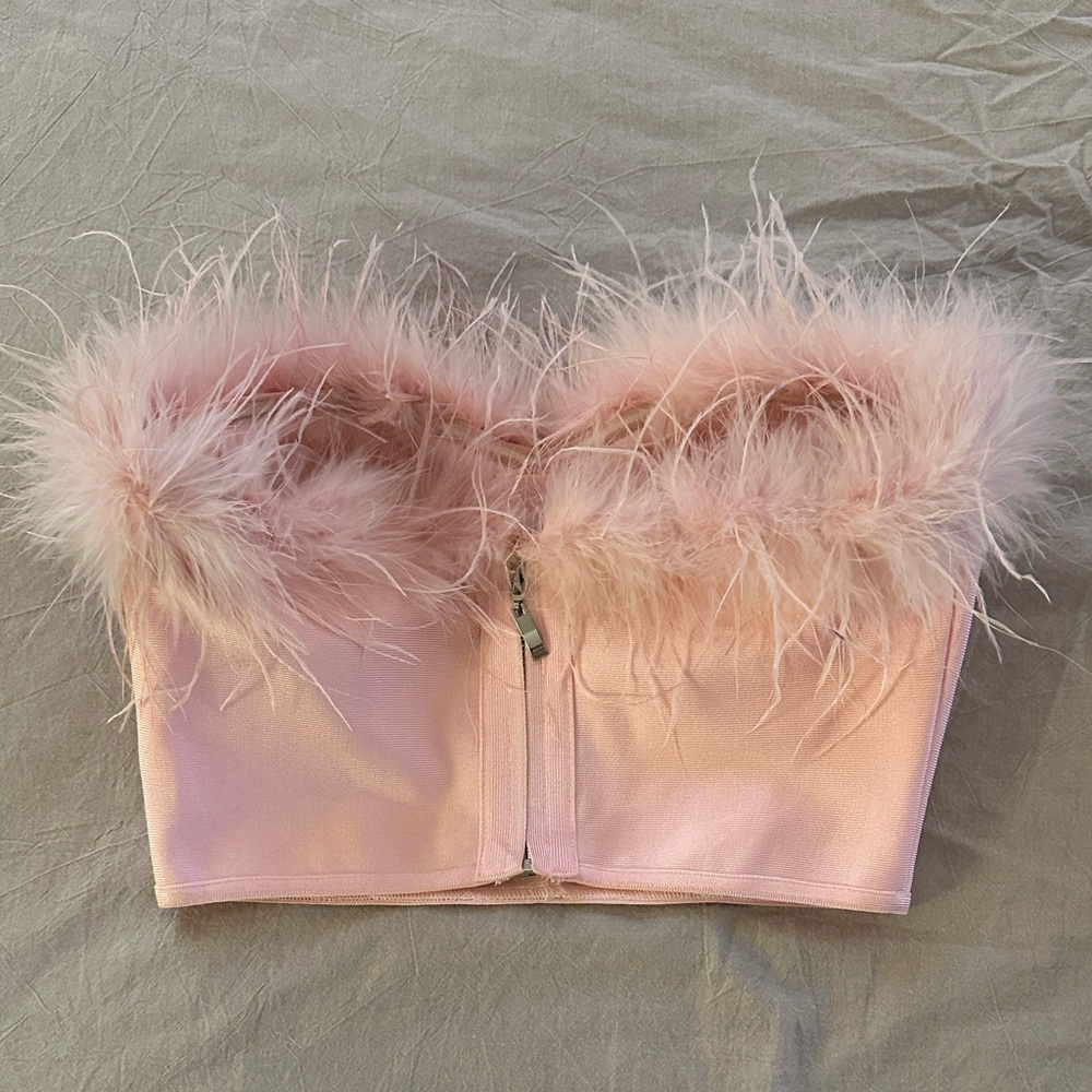 Revolve Superdown Blush Feathered Strapless Top - image 4